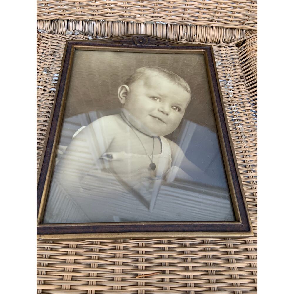Antique Baby Photo Portrait In Wooden Frame Flower Engraved